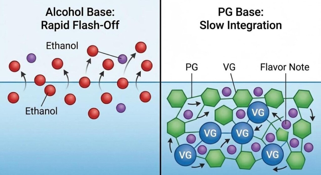 A technical diagram illustrating how flavor molecules escape rapidly with alcohol-based liquids versus slow integration in PG/VG networks.