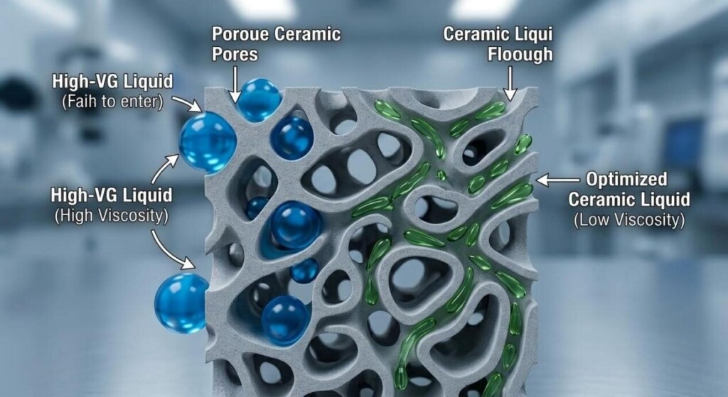 A conceptual macro-level visualization (diagram) comparing high-viscosity blue droplets failing to enter ceramic pores versus low-viscosity green droplets flowing actively through the network.
