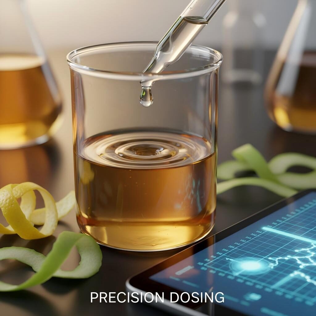 A professional macro photograph showcasing precision dosing in a laboratory setting, featuring a pipette dispensing liquid into a golden base with citrus accents and digital molecular data.