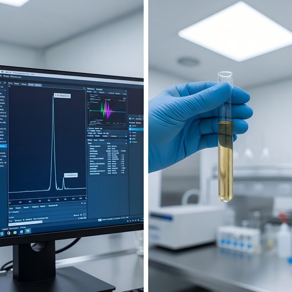 A technical look at the verification of 2-Acetylpyrazine. Featuring Gas Chromatography-Mass Spectrometry (GC-MS) peak analysis and visual clarity inspections in a professional laboratory setting.