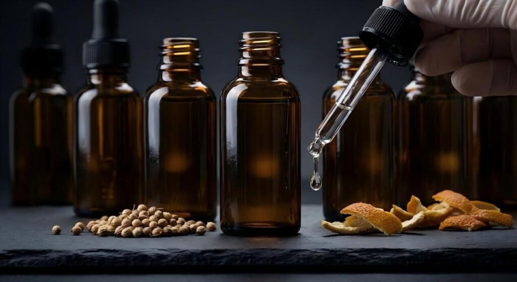 A moody, macro shot of professional amber glass dripper bottles highlighting premium craftsmanship and botanical purity.