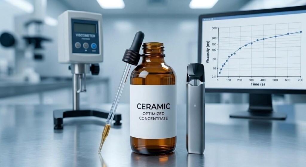 A minimalist and professional "hero shot" of an amber bottle labeled "Ceramic Optimized Concentrate" standing next to a sleek vapor pod, implying precision manufacturing.