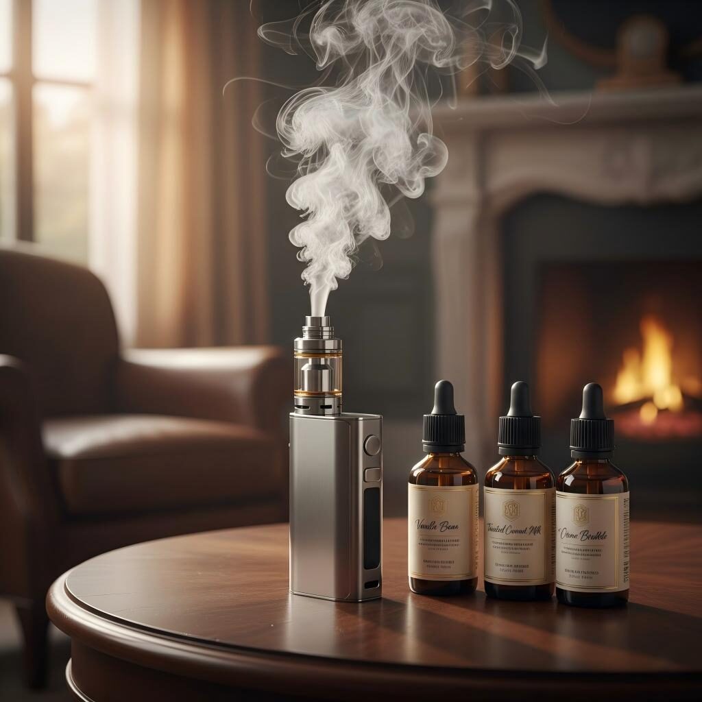 A professional lifestyle shot of a high-end vape mod emitting smooth vapor next to premium e-liquid bottles featuring vanilla and coconut cream flavors in a warm, luxury setting.