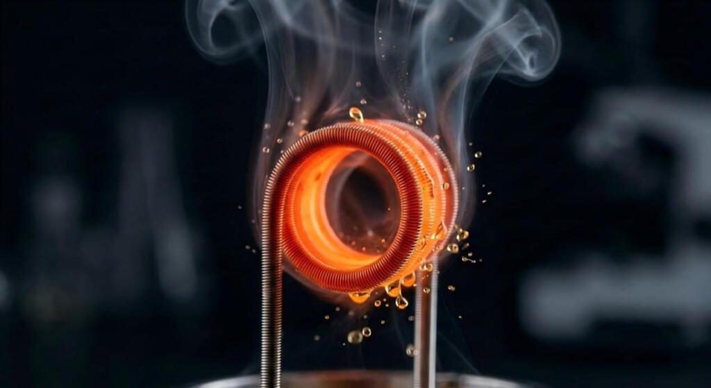 Макроснимок с высоким разрешением катушки электронной сигареты Kanthal, светящейся при максимальной активации, демонстрирующий физику аэрозолирования жидкости для электронных сигарет.