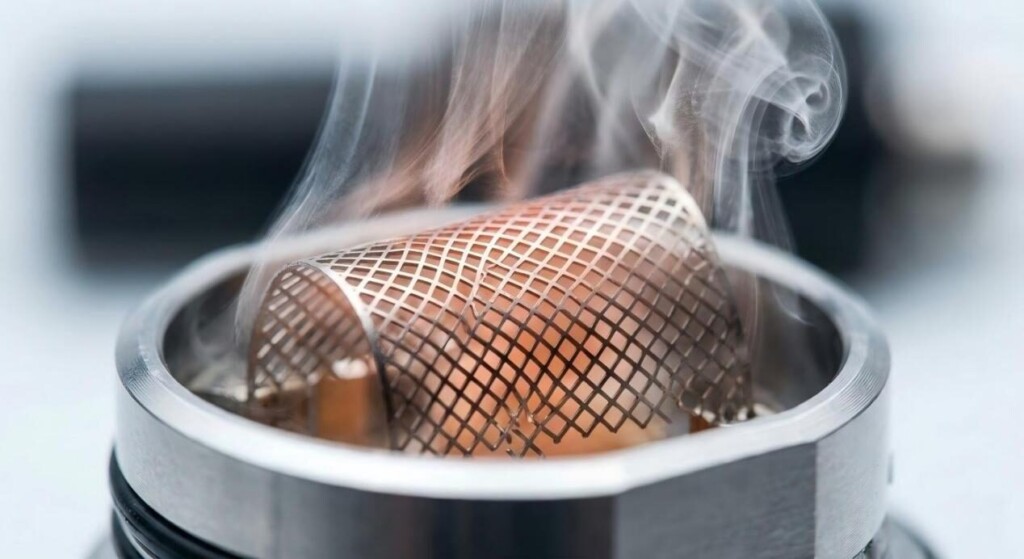 发光网状线圈加热元件的高细节宏观照片，展示了现代亚欧姆电子烟的精密工程。