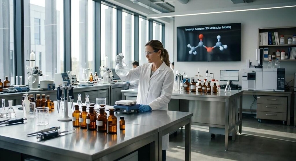 منظر سينمائي لمختبر كيمياء النكهات الحديث الذي يضم كيميائيًا يقوم بتحليل خلات الإيزوأميل لتطوير نكهة متميزة.