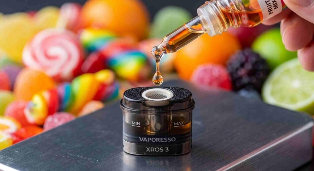 Une photo macro haute résolution d'un e-liquide vibrant s'écoulant d'un compte-gouttes en verre dans une capsule à spirale en maille moderne avec des accents de fruits et de bonbons.