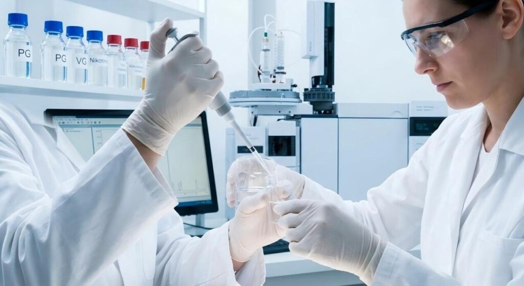 Профессиональный крупный план ученого в чистой лабораторной среде, выполняющего точное пипетирование для исследования состава жидкости для электронных сигарет.