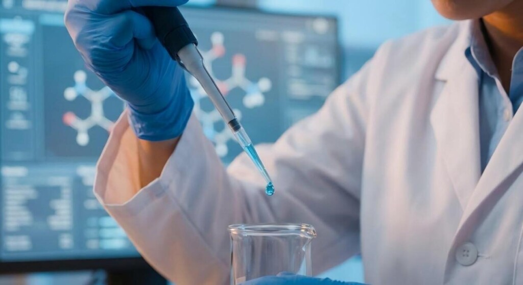 电影特写镜头显示一位风味化学家在高科技实验室中进行精确配方，背景中显示分子结构。