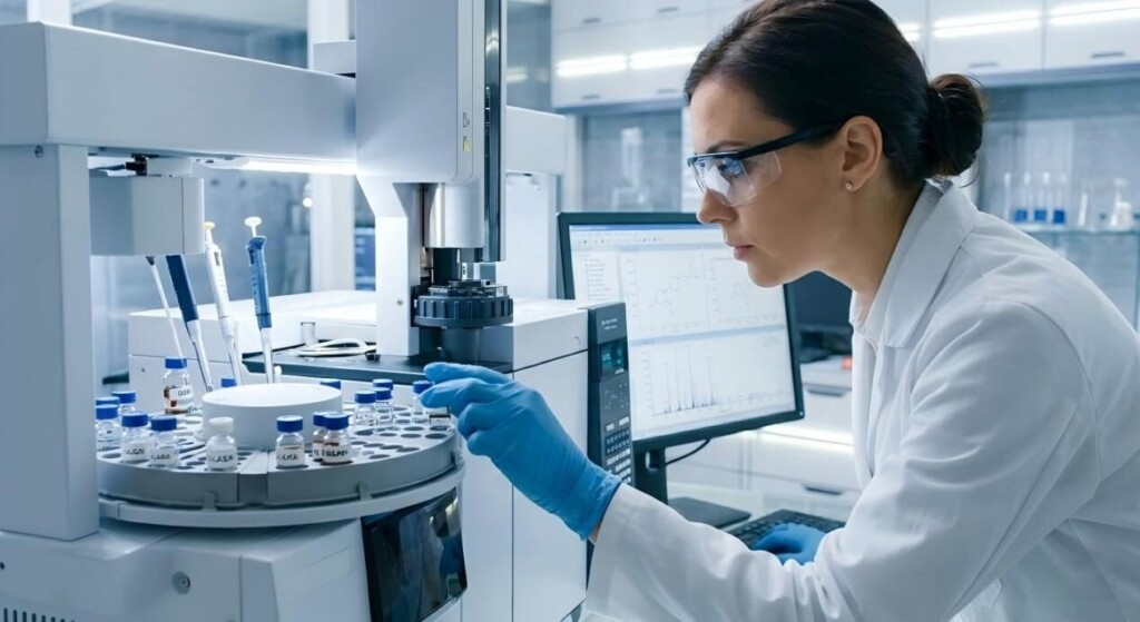 现代实验室中的专业科学家专心监控 GC-MS 机器以进行精确的化学分析。