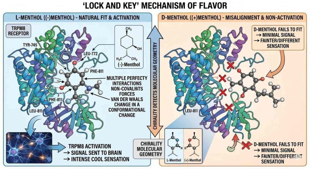 详细的教学图解释了 L-薄荷醇异构体如何完美契合 TRPM8 受体以引发清凉感。