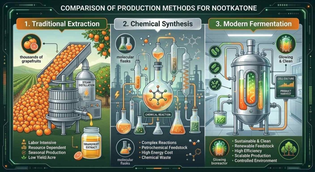 Un desglose de alta tecnología de cómo obtenemos Nootkatone, comparando la extracción tradicional con la fermentación moderna y sostenible.