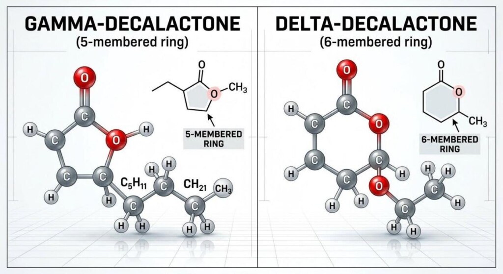 技术 3D 球棒图比较了 Gamma 和 Delta 十内酯的分子结构，用于风味化学教育。