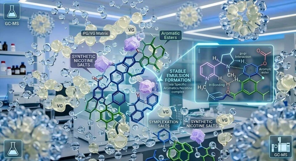 详细的 3D 信息图直观地展示了 PG/VG 载体基质内合成尼古丁盐和芳香族化合物之间的分子相互作用。