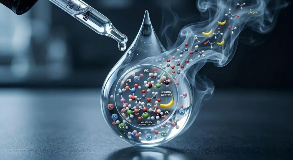 تصور كلي لتبخير السائل الإلكتروني، يُظهر الهروب عالي التقلب لجزيئات النكهة المميزة من قاعدة PG/VG.