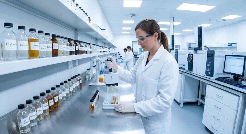 专业香料化学家使用精密设备配制优质电子烟液浓缩液的洁净室视图。