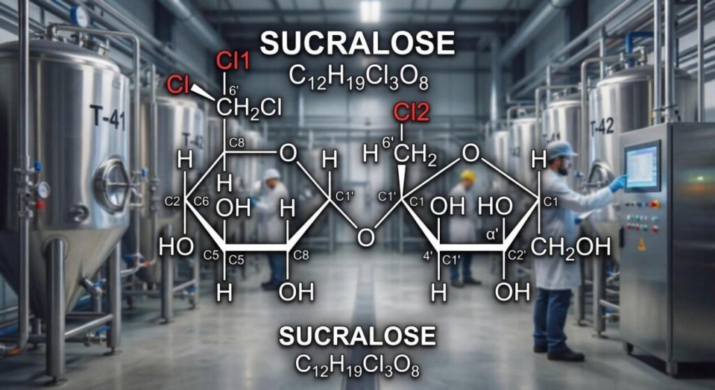 Une illustration pédagogique montrant la structure moléculaire du sucralose superposée à une usine de fabrication d'e-liquides moderne et propre.