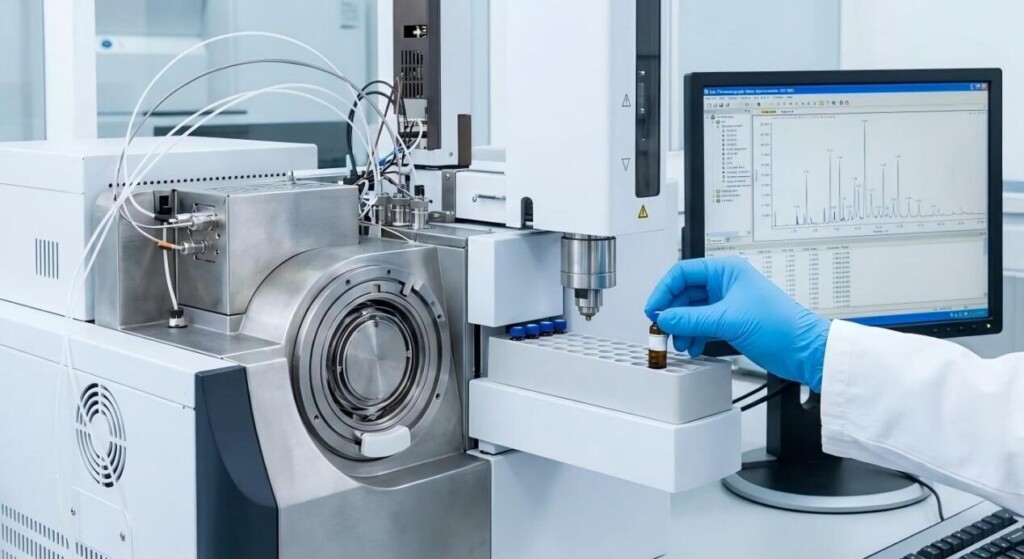 Высокотехнологичный снимок газового хроматографа-масс-спектрометра (ГХ/МС), анализирующего образцы жидкости для электронных сигарет на предмет обеспечения химической безопасности и соответствия нормативным требованиям.