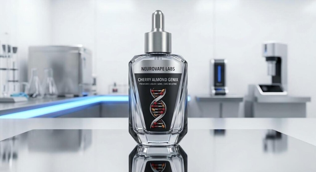 Una botella de e-líquido elegante y minimalista que presenta una hélice de ADN estilizada de cereza y almendra en la etiqueta, ambientada en un entorno de laboratorio impecable y de alta tecnología.