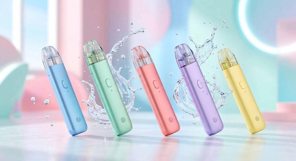 Une composition stylistique et lumineuse d'appareils à dosettes rechargeables minimalistes et élégants dans des couleurs pastel avec des éclaboussures dynamiques d'e-liquide.