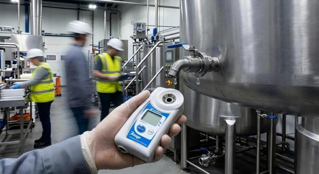 显示 1.4355 RI 的手持式折光仪的特写，确保大型设施中的批次一致性。