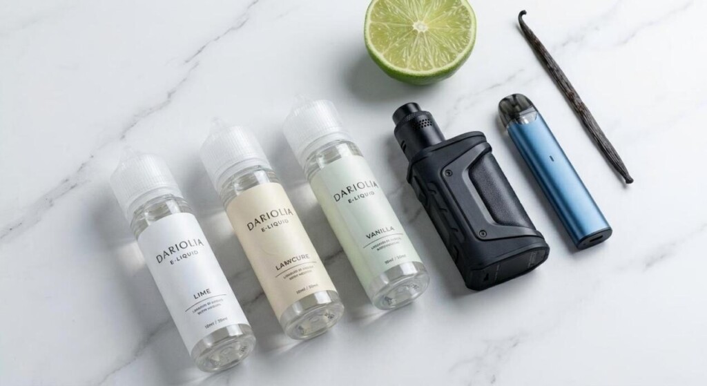 一张时尚、专业的平铺照片，在简约的大理石表面上展示了优质电子烟液瓶，旁边是高端亚欧姆和 MTL 电子烟设备。