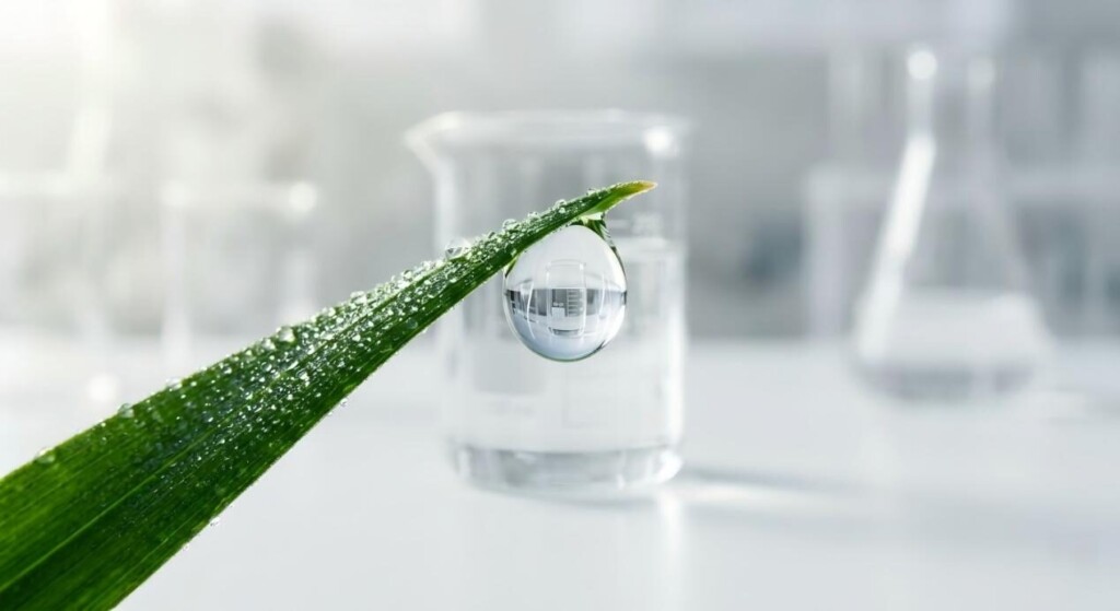 A cinematic macro shot of a single blade of grass with a morning dew droplet that clearly refracts a laboratory beaker, symbolizing the intersection of organic nature and high-tech flavor synthesis.