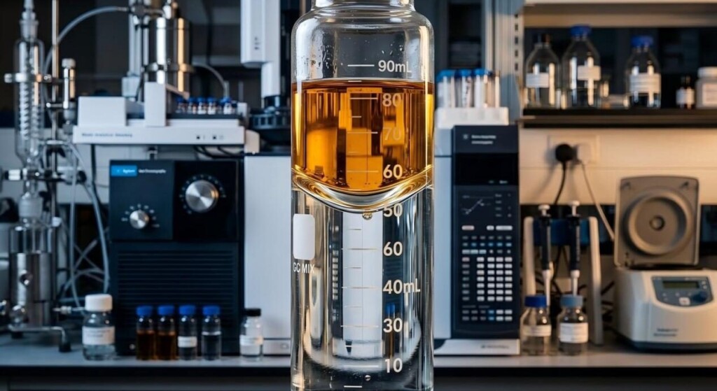 A high-resolution analytical laboratory focused on precise e-liquid analysis and QC. Features complex Gas Chromatography (GC) systems, distillation setups, centrifuges, and labware. (image_0.png)