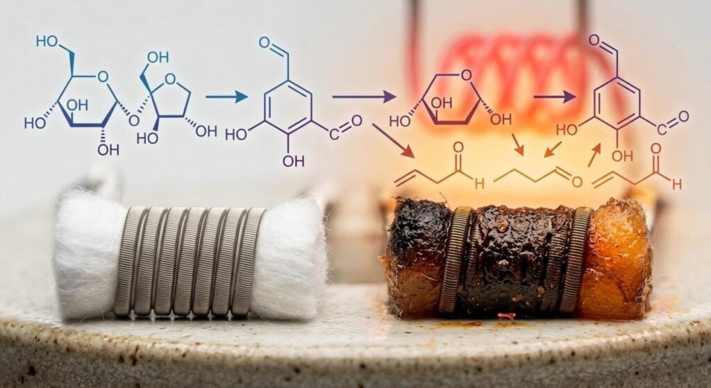 A macro comparison showing the transition from a clean vape coil to a gunked coil caused by the thermal breakdown of sucralose and vanillin.