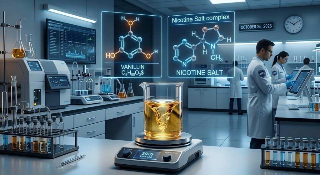 A sophisticated 2026 laboratory scene featuring 3D holographic molecular models of Vanillin and Nicotine over a swirling golden beaker.