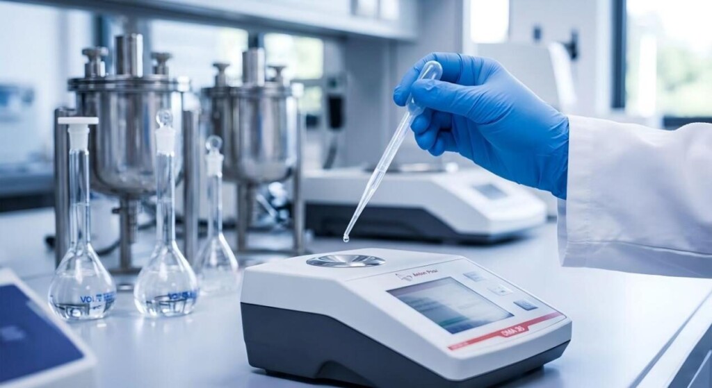 A high-tech laboratory setting showing a technician using a benchtop refractometer for precise e-liquid flavor analysis.