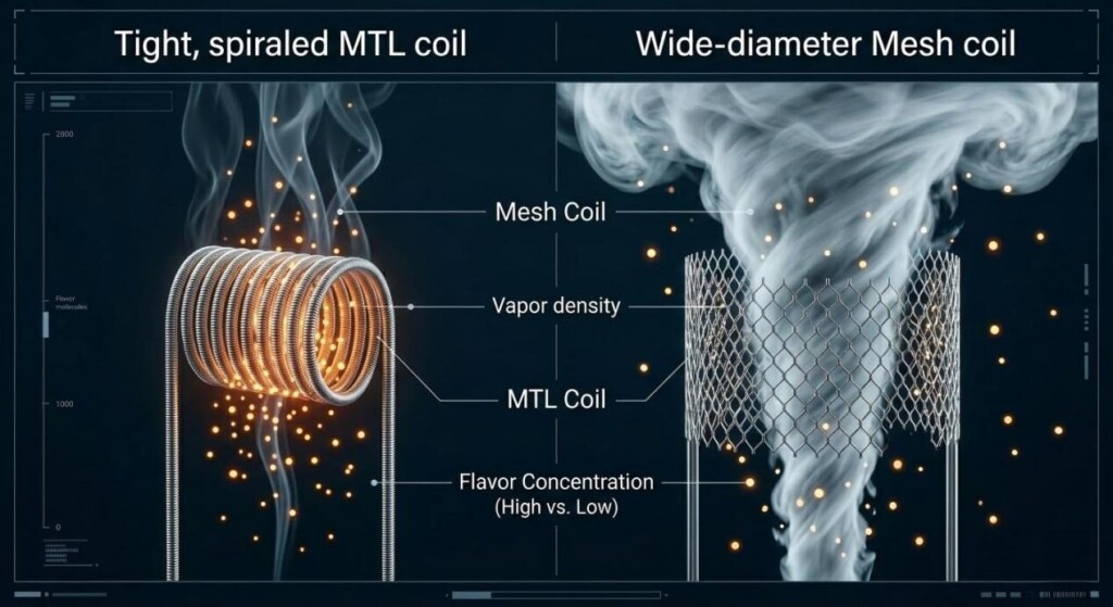 A split-screen technical diagram contrasting a tight spiraled MTL coil (high flavor density) with a wide-diameter Mesh coil (massive turbulent vapor vortex).