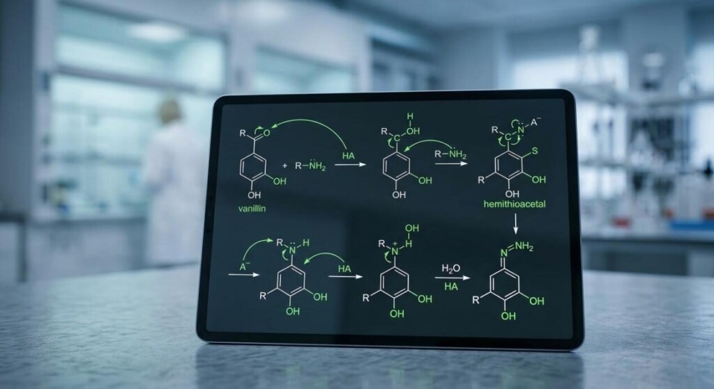 A detailed 2D chemical reaction diagram on a digital tablet showing the nucleophilic attack on vanillin with neon green electron flow.