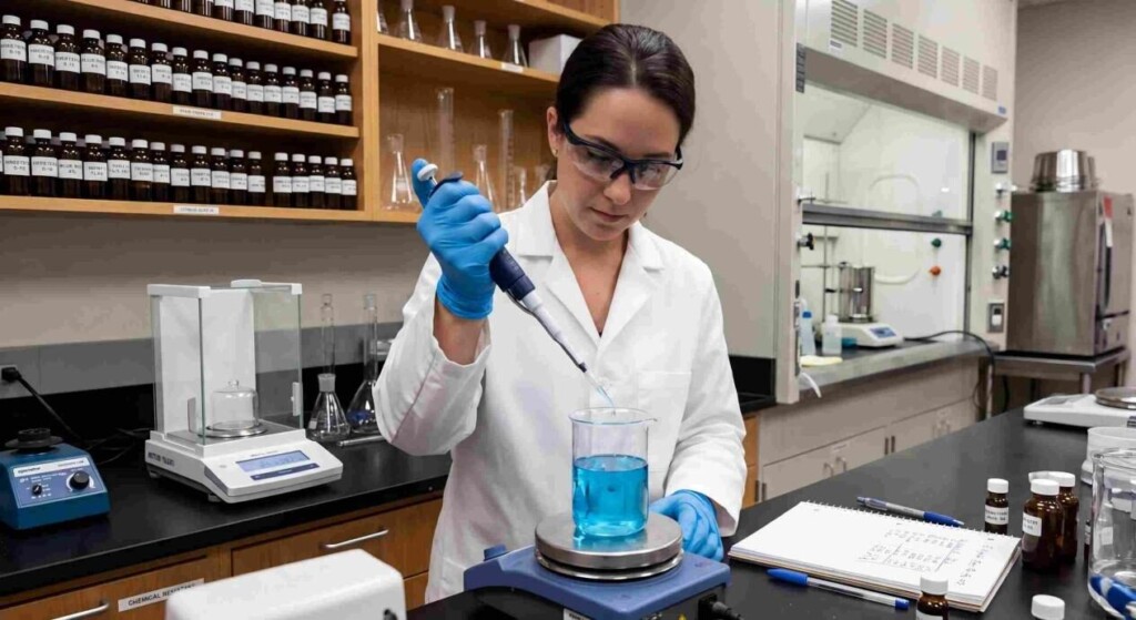 A professional chemist in a lab coat using a micropipette to add sweetener to a vibrant blue e-liquid base in a controlled laboratory.