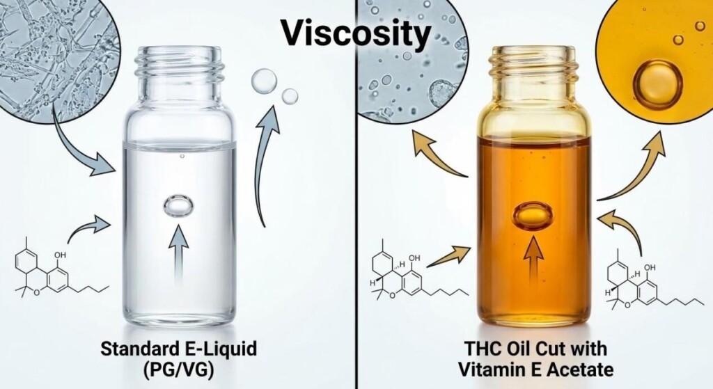 A split-screen scientific illustration comparing the bubble movement and thickness of standard e-liquid versus harmful additives like Vitamin E Acetate.