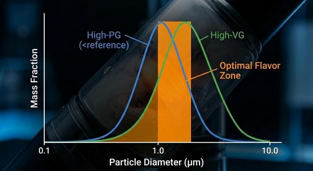 A technical graph illustrating the log-normal distribution of vapor particles, comparing mass fractions of High-PG and High-VG liquids to identify the optimal flavor zone.