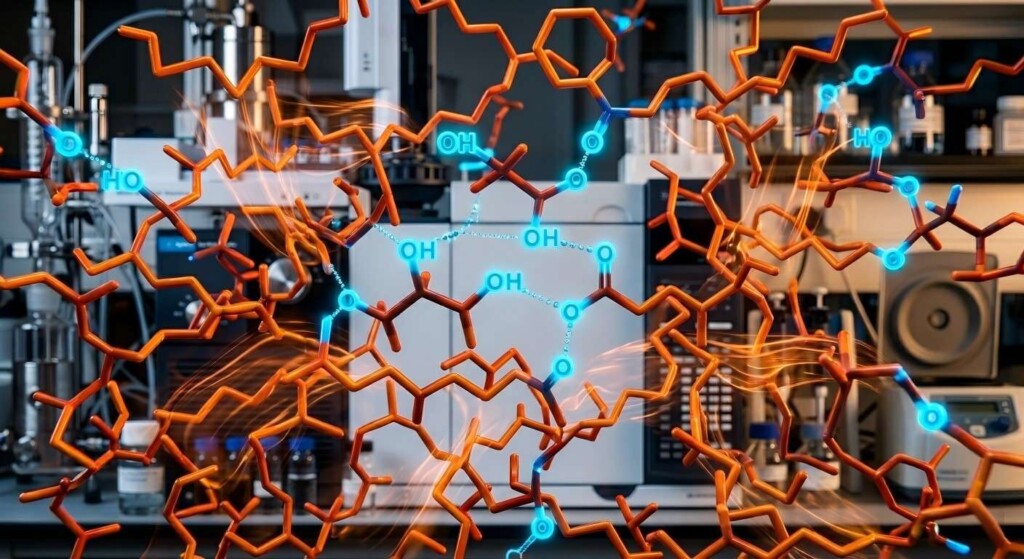 Intricate 3D molecular visualization illustrating the complex interactions, energy fields, and alignment between diverse flavor molecules within an e-liquid matrix. (image_2.png)