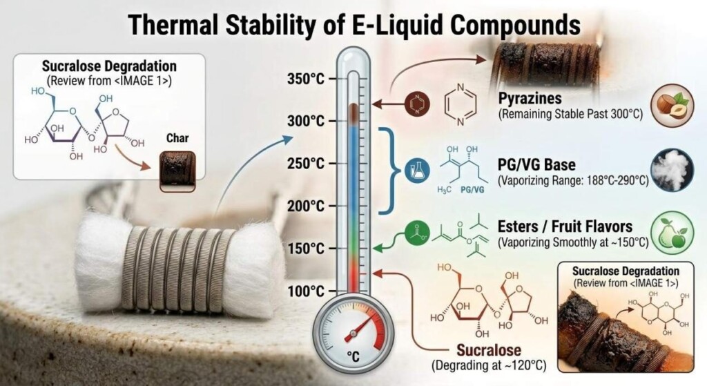 A visual reference guide for formulators showing the thermal stability and vaporization ranges of PG/VG, esters, and sweeteners from 100掳C to 350掳C.