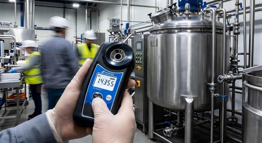 A technician performs real-time refractive index testing on the production floor using a digital handheld device.