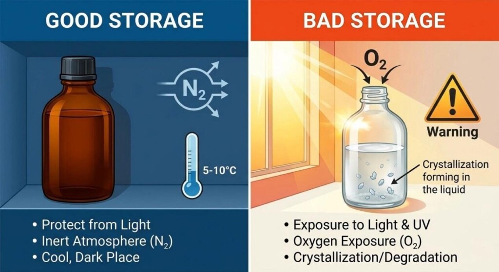 A technical infographic comparing "Good" vs "Bad" storage practices for sensitive chemicals, highlighting the roles of light, oxygen, and temperature.