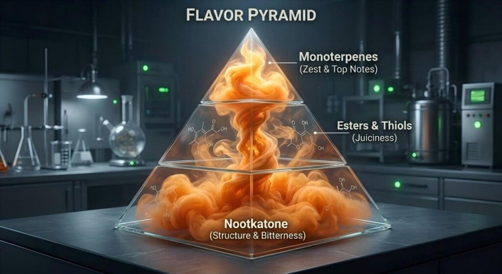 Understand the layers of grapefruit flavor: from the bitter Nootkatone base to the zesty monoterpene peak of our e-liquids.