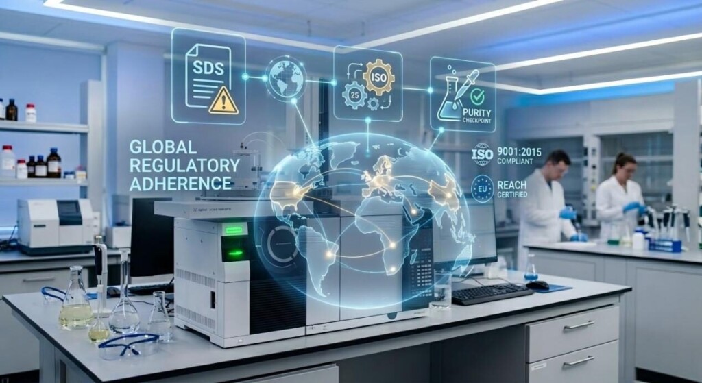 A professional graphic highlighting global regulatory adherence, featuring ISO certifications and safety protocols for international chemical and nicotine distribution.