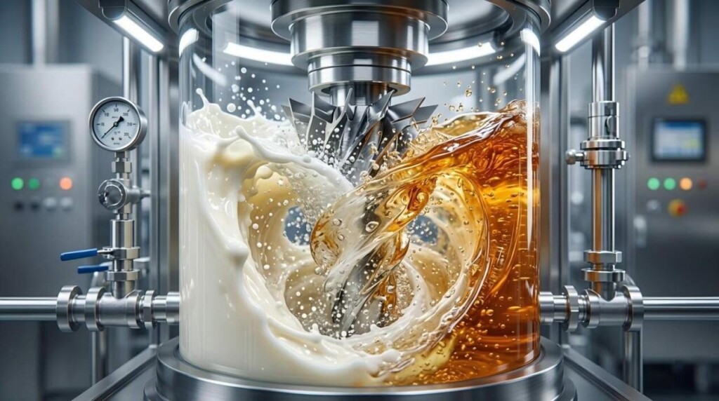 A dynamic, close-up shot of two vibrant liquids being perfectly blended in a sterile, high-tech industrial homogenization vortex.