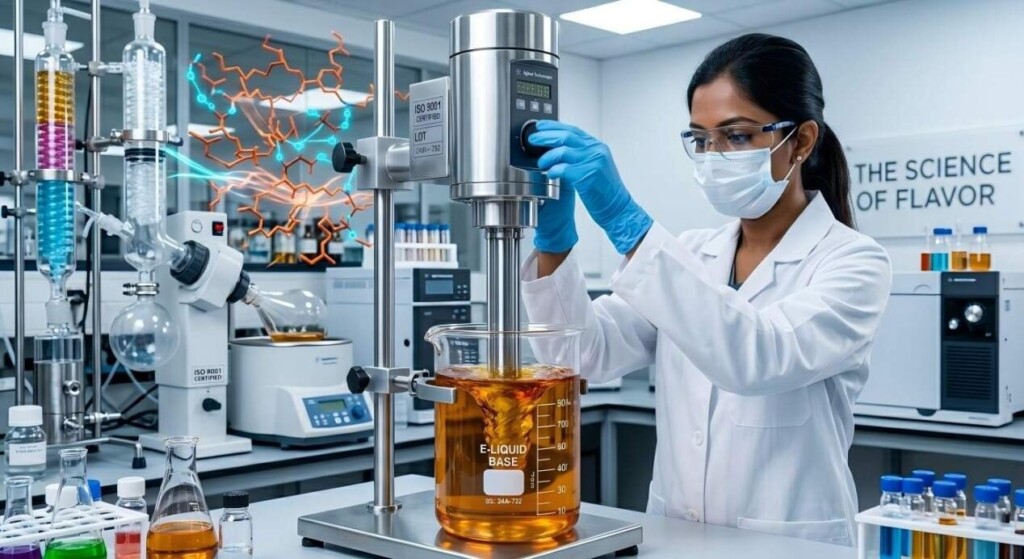 A cleanroom setting focusing on industrial-scale e-liquid production. A high-shear rotor-stator homogenizer mixes viscous amber liquid, creating a powerful vortex in a large glass vessel. (image_4.png)