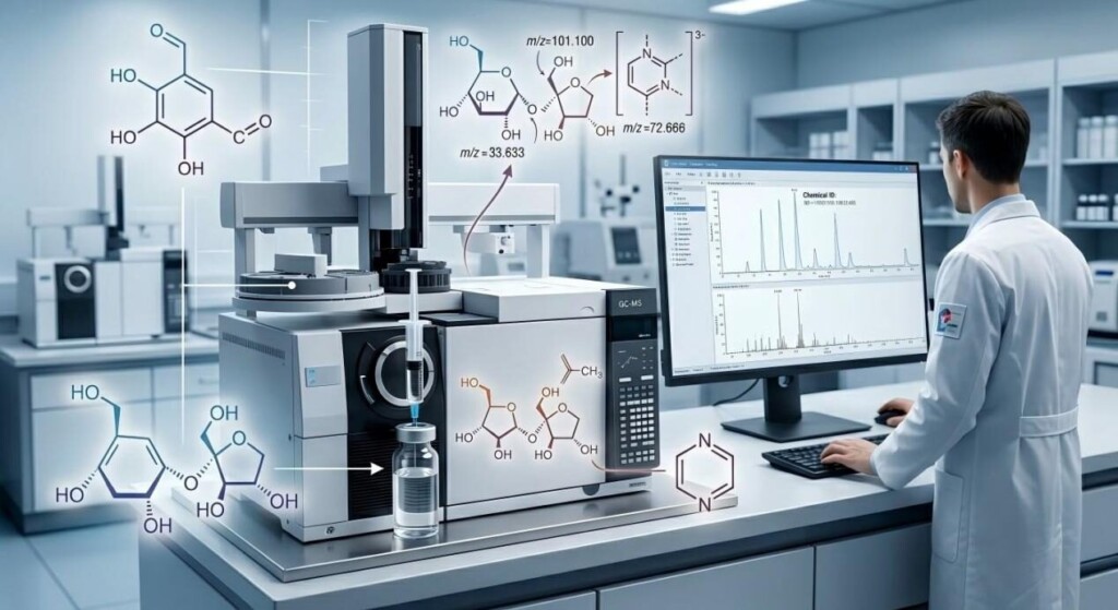 A professional laboratory setting featuring GC-MS technology used to analyze e-liquid flavoring for molecular stability and regulatory compliance.