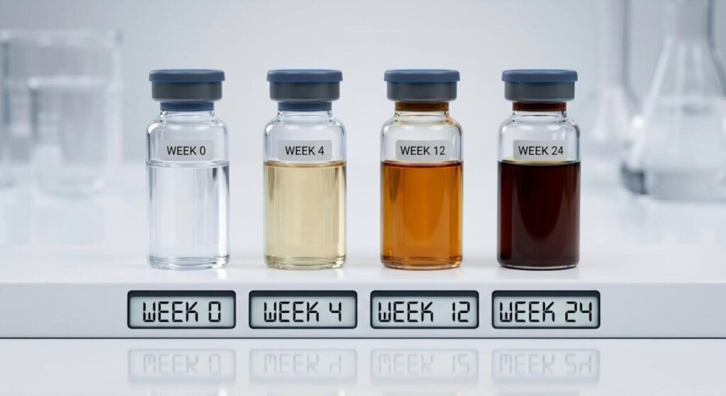 A macro photograph of four glass vials showing the natural color progression of liquid from clear to deep mahogany over 24 weeks.