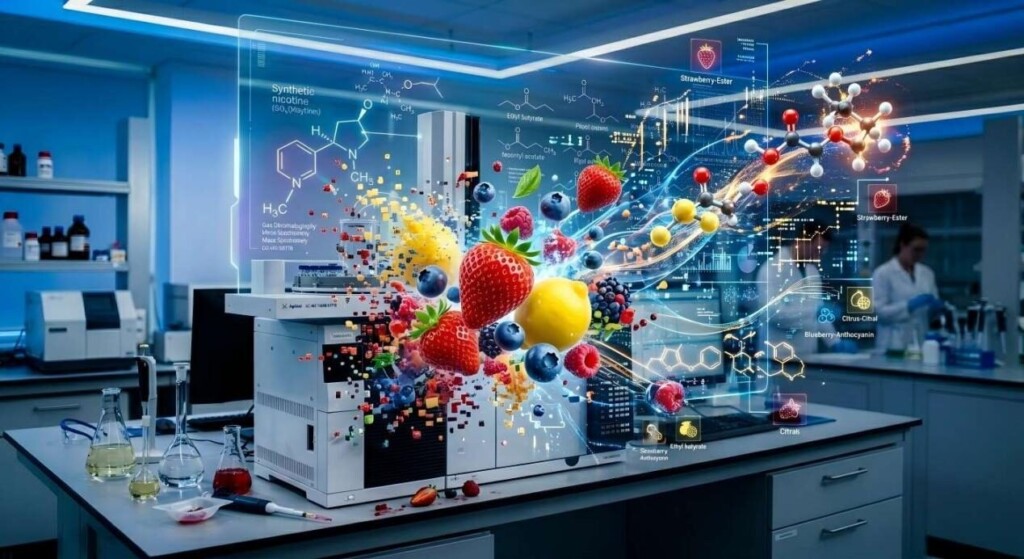A vibrant visualization of fresh fruits transitioning into a high-tech molecular grid, representing the intersection of natural taste and scientific formulation.