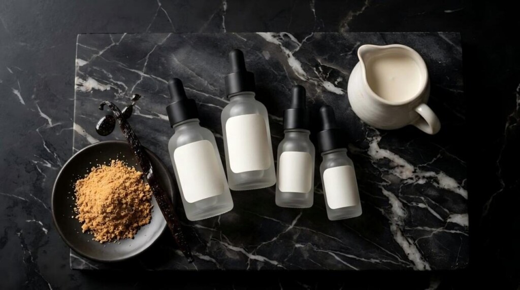 A sophisticated dark marble flat-lay featuring minimalist glass dropper bottles alongside raw vanilla, cream, and graham cracker ingredients.