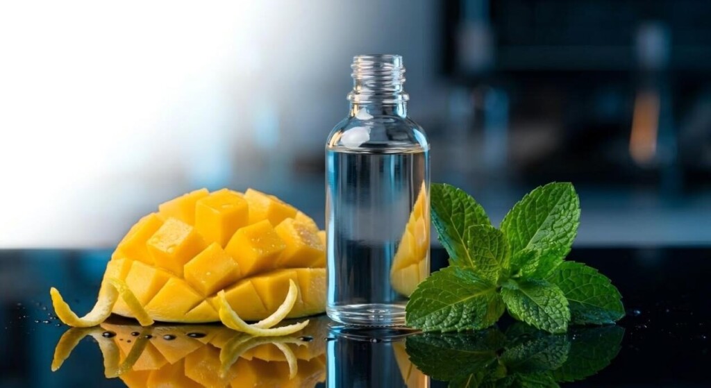 A professional product shot featuring a clear e-liquid bottle surrounded by fresh mango, mint, and lemon, symbolizing high-quality flavor molecules.