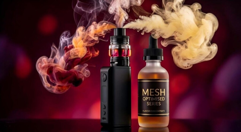 A dramatic conceptual photograph featuring a sleek matte black mod and "Mesh Optimised" flavor concentrate with rich, layered vapor clouds.